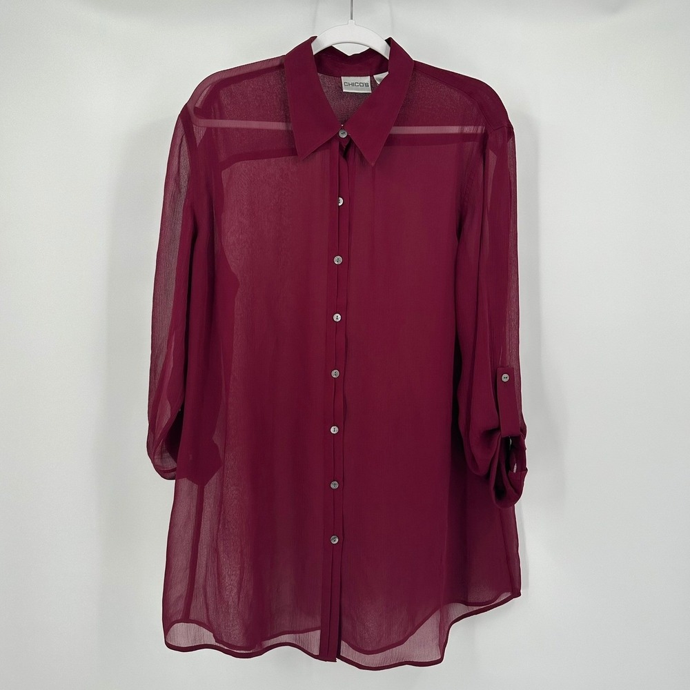 Chicos Womens Quiet Luxury Silk Top Sz 3 US XL Old Money Sheer Burgundy Evening